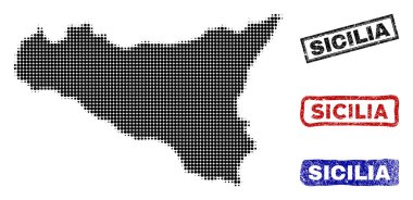 Sicilia harita Grunge başlık pulları ile yarı ton nokta tarzında