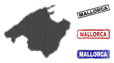 Yarı ton nokta tarzı Grunge adı pulları ile İspanya Mallorca ada Haritası
