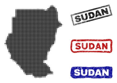 Yarı ton nokta tarzı Grunge adı pulları ile Sudan Haritası