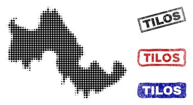 Grunge başlık pulları ile yarı ton nokta tarzında Tilos Yunan Adası Haritası