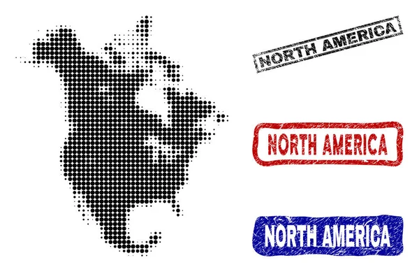 América do Norte V2 Mapa em Halftone Dot Estilo com Grunge Nome Selos —  Vetores de Stock