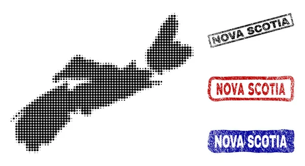 Nova Scotia provincie kaart in Halftone Dot stijl met Grunge titel stempels — Stockvector