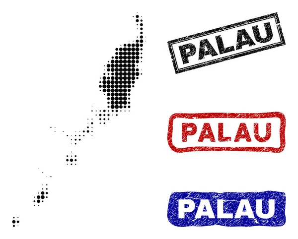 Mapa wyspy Palau w półtonów Dot stylu Grunge podpis znaczki — Wektor stockowy
