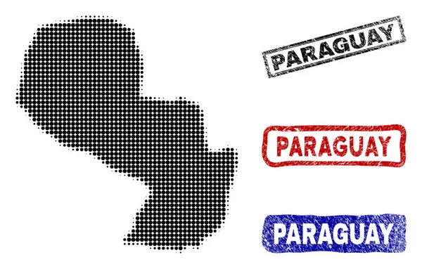 Mappa del Paraguay di Halftone Dot Style con Grunge Titolo Francobolli — Vettoriale Stock