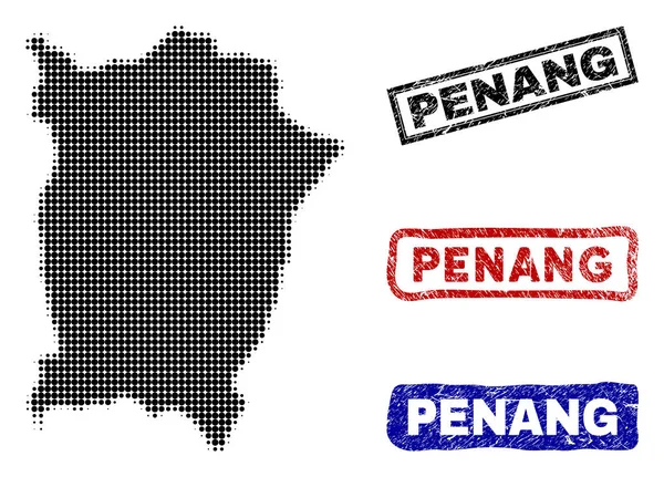 Mapa wyspy Penang w półtonów Dot stylu Grunge nazwa znaczki — Wektor stockowy