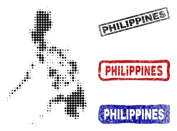 Philippines Carte dans le style Halftone Dot avec Grunge Titre Timbres — Image vectorielle