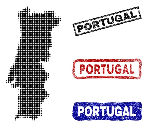 Portugal Mapa em Halftone Dot Style com Grunge Nome Selos — Vetor de Stock