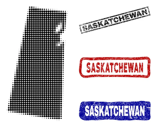 Kaart van de provincie Saskatchewan in Halftone Dot stijl met Grunge naam stempels — Stockvector