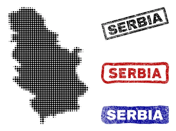 Serbia Mapa en Halftone Dot Estilo con Grunge Título Sellos — Vector de stock