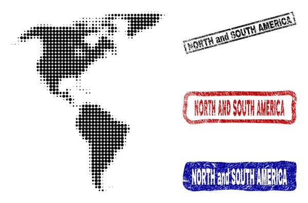 Syd- och Nordamerika V2 karta i halvton Dot stil med Grunge titel frimärken — Stock vektor