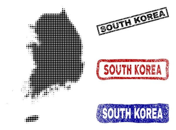 ハーフトーン ベクトル ドット抽象韓国マップと孤立した黒 青ゴム スタイル スタンプがシールします 韓国地図ラベル傷ゴムの質感とドラフト長方形フレーム内 — ストックベクタ