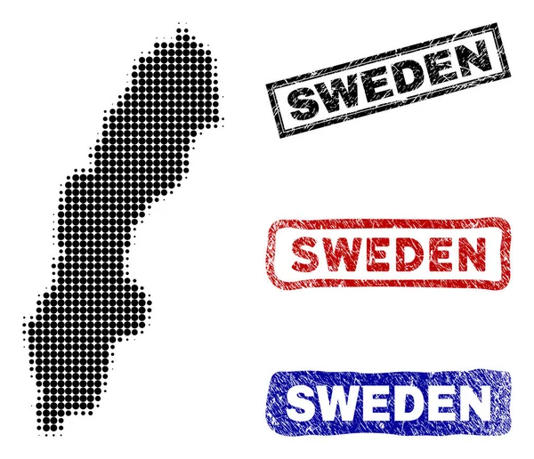 Sweden Map in Halftone Dot Style with Grunge Caption Stamps — Stock Vector