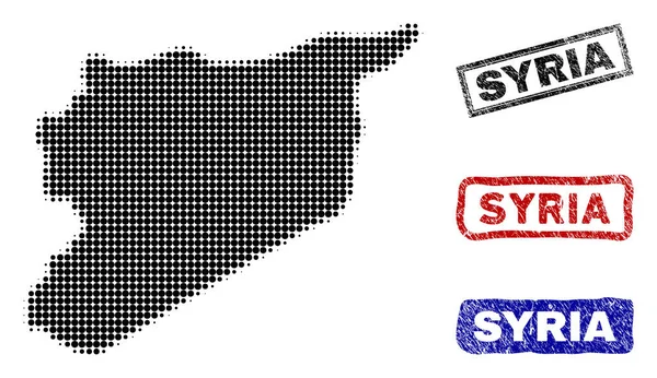 Syria Map in Halftone Dot Style with Grunge Caption Stamps — Stock Vector