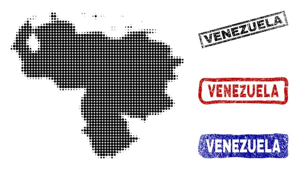 Venezuela Mapa em Halftone Dot Style com Grunge Legenda Selos — Vetor de Stock