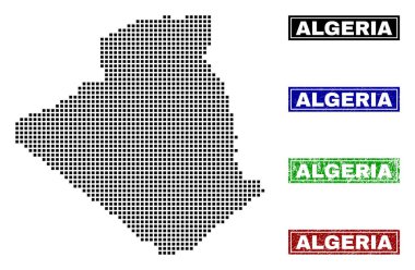 Cezayir harita Grunge başlık pulları ile nokta tarzında