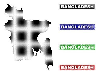 Grunge adı pulları ile nokta tarzında Bangladeş Haritası