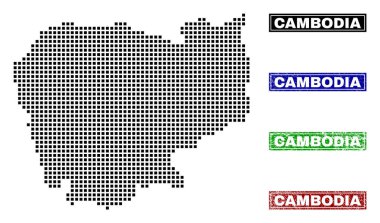 Grunge adı pulları ile nokta tarzında Kamboçya Haritası