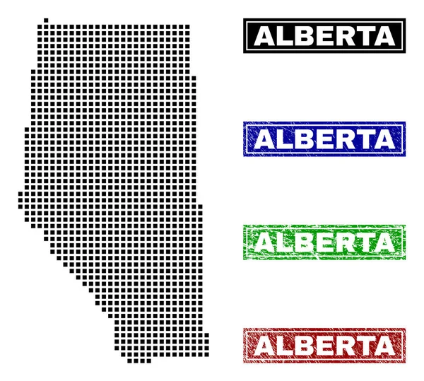 Mapa de la provincia de Alberta en Dot Style con Grunge Título Sellos — Vector de stock
