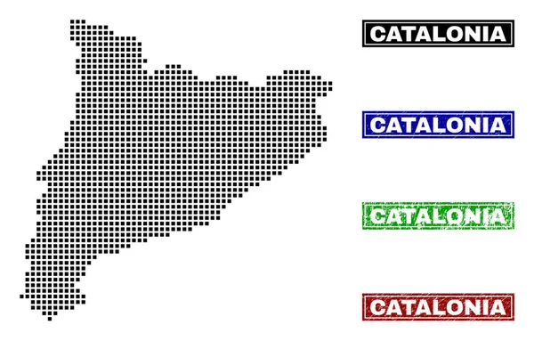 Kaart van Catalonië in Dot stijl met Grunge titel stempels — Stockvector