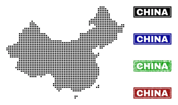 China Map in Dot Style with Grunge Name Stamps — Stock Vector