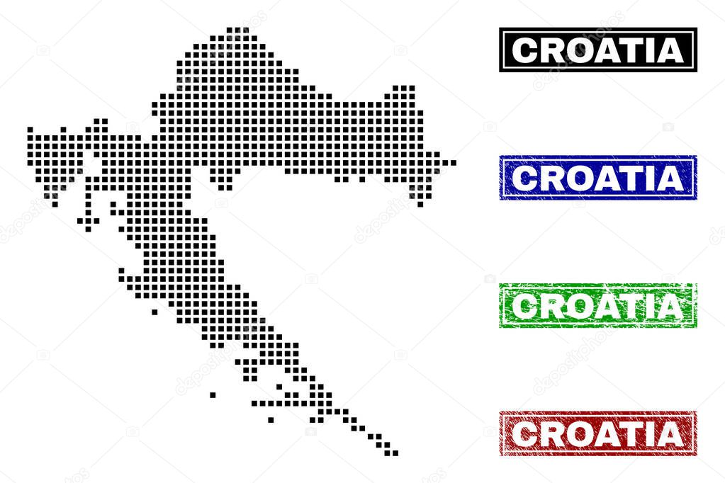 Croatia Map in Dot Style with Grunge Caption Stamps