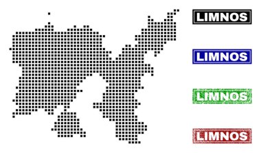 Grunge adı pulları ile nokta tarzında Limnos Adası Haritası
