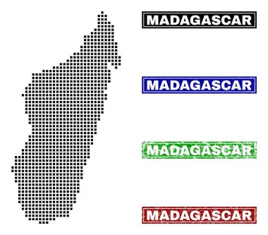 Grunge adı pulları ile nokta tarzında Madagaskar Adası Haritası