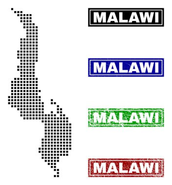 Grunge adı pulları ile nokta tarzında Malavi Haritası