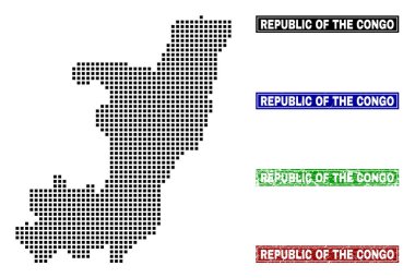 Kongo Haritası ve yalıtılmış temiz siyah nokta vektör soyut Cumhuriyeti, grunge kırmızı, mavi, yeşil damga mühürler.