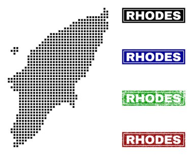 Grunge başlık pulları ile nokta tarzında Rodos Adası Haritası