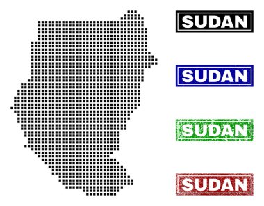 Grunge başlık pulları ile nokta tarzında Sudan Haritası
