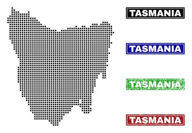 Grunge başlık pulları ile nokta tarzında Tazmanya Adası Haritası