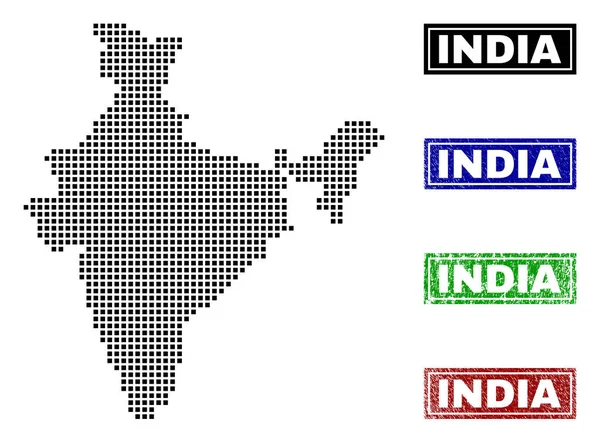 Indien-Karte im Punktstil mit Grunge-Namensstempeln — Stockvektor