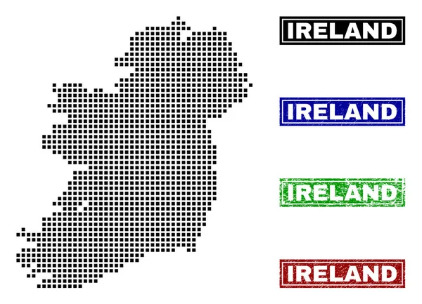 Ireland Island Map in Dot Style with Grunge Title Stamps — Stock Vector