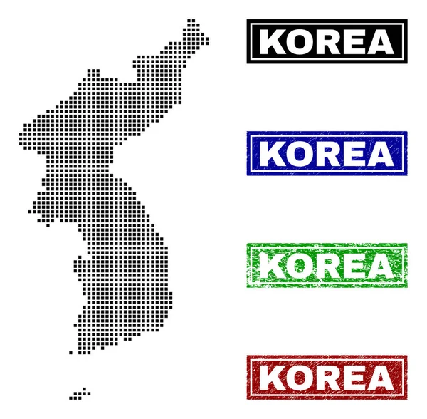 Corée Carte en style point avec Grunge Nom Timbres — Image vectorielle