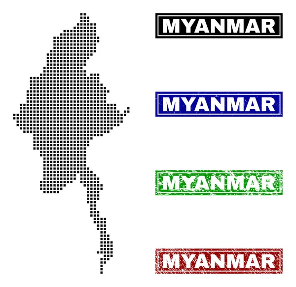 Myanmar Mapa em estilo Dot com Grunge Título Selos — Vetor de Stock