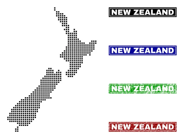 Mapa da Nova Zelândia em estilo Dot com nome Grunge Selos —  Vetores de Stock