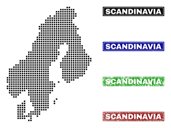 Grunge adı pulları ile nokta tarzında Scandinavia harita — Stok Vektör