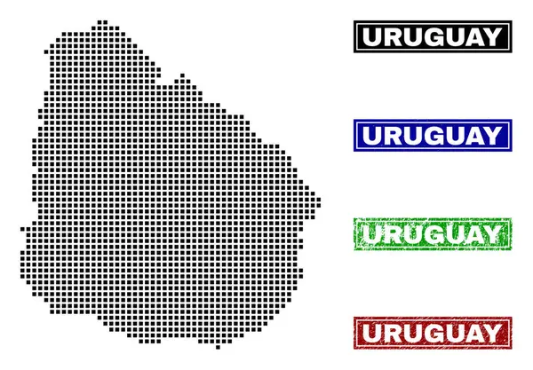 Uruguay Mapa en Dot Estilo con Grunge Título Sellos — Vector de stock