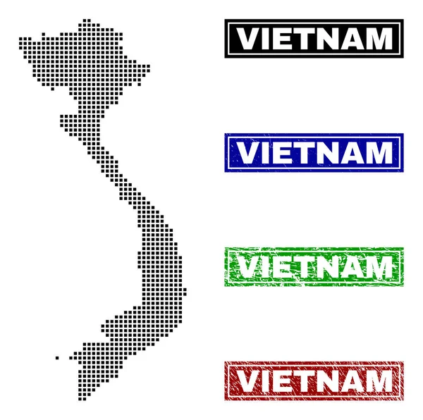 Vietnam Mapa en Dot Estilo con Sellos de Leyenda Grunge — Archivo Imágenes Vectoriales