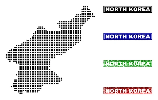 North Korea Map in Dot Style with Grunge Name Stamps — Stock Vector