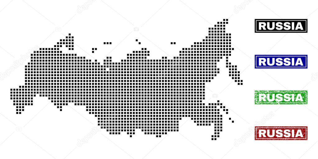 Russia Map in Dot Style with Grunge Title Stamps