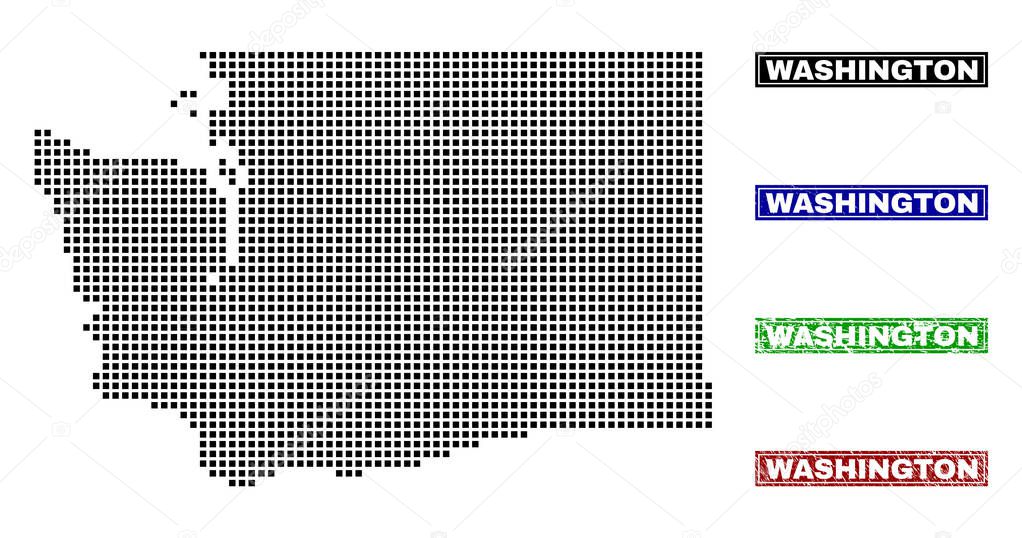 Washington State Map in Dot Style with Grunge Title Stamps
