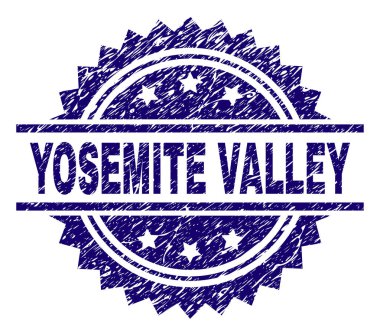 Yosemite Vadisi'nden damga mühür filigran sıkıntı tarzı ile. Mavi vektör kauçuk baskı kirli tekstürlü Yosemite Vadisi'nden resim yazısı.
