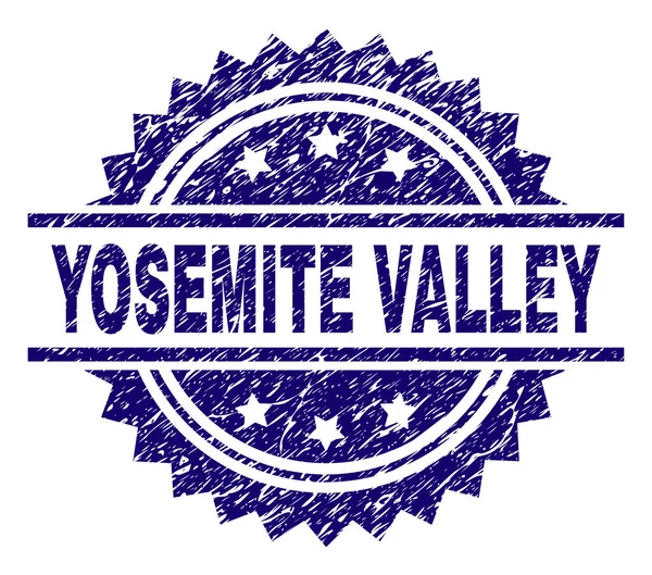 Yosemite Vadisi'nden damga mühür filigran sıkıntı tarzı ile. Mavi vektör kauçuk baskı kirli tekstürlü Yosemite Vadisi'nden resim yazısı.