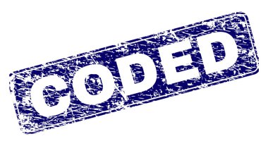 Kodlanmış damga mühür sıkıntı stiliyle yazdırma. Bir yuvarlatılmış dikdörtgen çerçeve ile mühür şekildir. Mavi vektör kauçuk baskı grunge tarzı ile kodlanmış etiket.