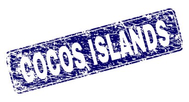Cocos Adaları damga mühür doku ile yazdırma. Bir yuvarlatılmış dikdörtgen çerçeve ile mühür şekildir. Mavi vektör kauçuk baskı doku ile başlık Cocos Adaları.