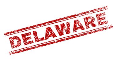 Delaware doku ile damga mühür. Kırmızı vektör kauçuk Delaware etiketin toz doku ile yazdırın. Metin etiketi çift paralel çizgi arasında yer alıyor.