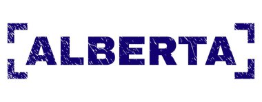 Alberta metin Künye aşınmış doku ile kapatın. Metin etiketi köşeler arasında yer alıyor. Mavi vektör kauçuk baskı Alberta aşınmış doku ile.