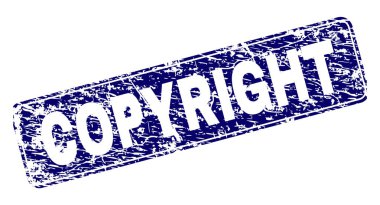 Telif hakkı damga mühür sıkıntı stiliyle yazdırma. Bir yuvarlatılmış dikdörtgen çerçeve ile mühür şekildir. Mavi vektör kauçuk baskı telif hakkı başlık çizilmiş tarzı ile.